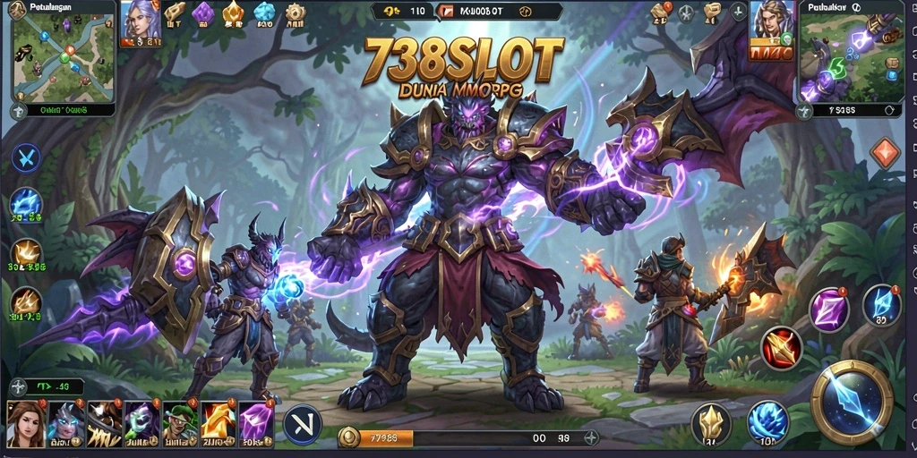 Screenshot menunjukkan pemain bertarung dalam dungeon besar di 738SLOT.