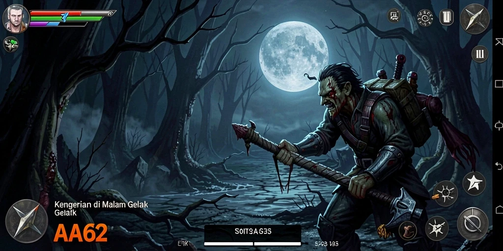 Screenshot gameplay AA62 menampilkan suasana mencekam dalam kegelapan.