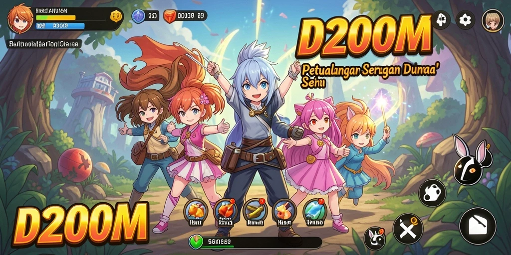 Screenshot gameplay D200M menampilkan pertarungan seru karakter anime.