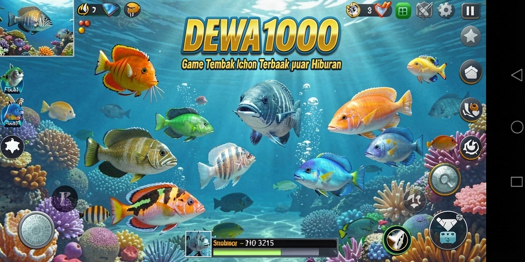 Screenshot gameplay DEWA1000 menampilkan aksi menembak ikan yang seru.