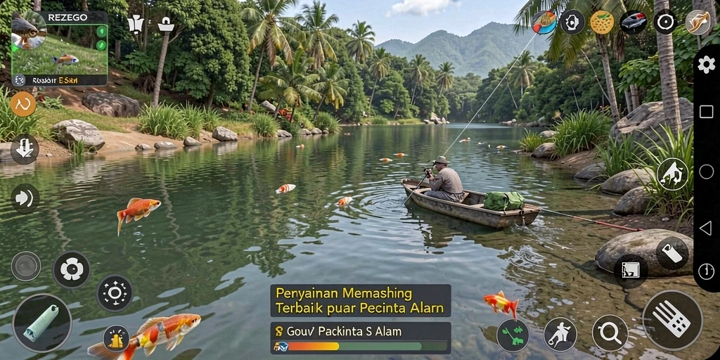 Tampilan gameplay REZEGO yang menampilkan aksi memancing di berbagai lokasi.